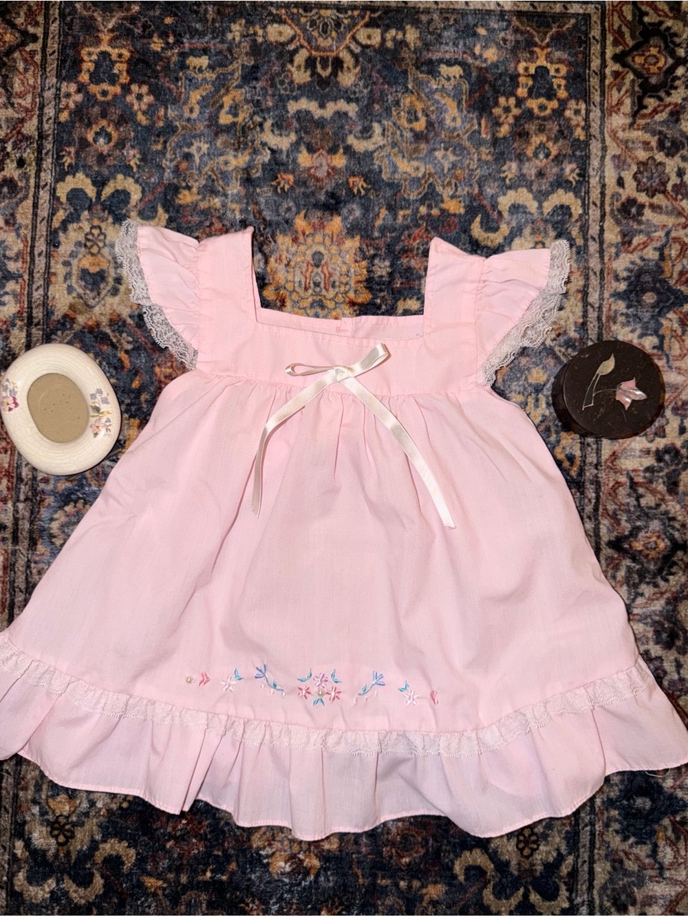 Vintage & Rare Pink Ruffle Embroidered Girls' Dress with Lace Trim 3T